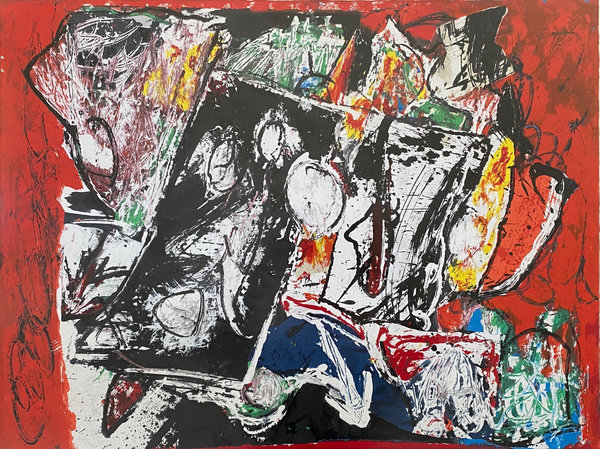 Jacques Doucet: Abstracte weergave in rood/zwart/wit - 1991