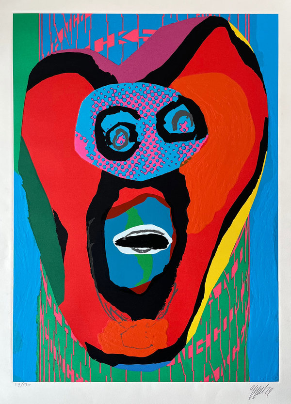 Karel Appel - preegdruk - The Falling Face (1979) - inclusief lijst met museumglas