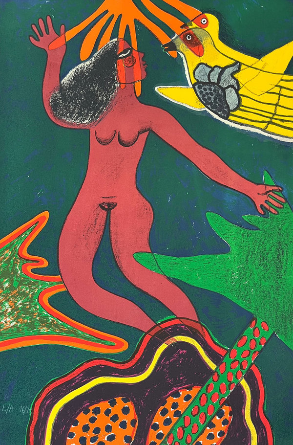 Corneille - lithografie - Femme et oiseau des iles - no III (1983) - inclusief lijst met museumglas